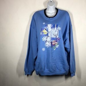 Liberty Lane blue winter scape sweatshirt embroidered bird and flower size 1X